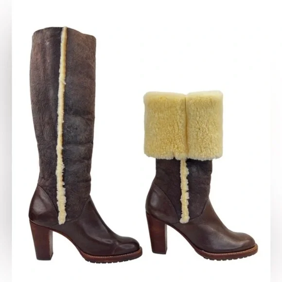 MICHAEL KORS Brown Leather Suede Sherpa Lined Tall Fold Over Heeled Boots Sz 5.5 - Picture 1 of 9